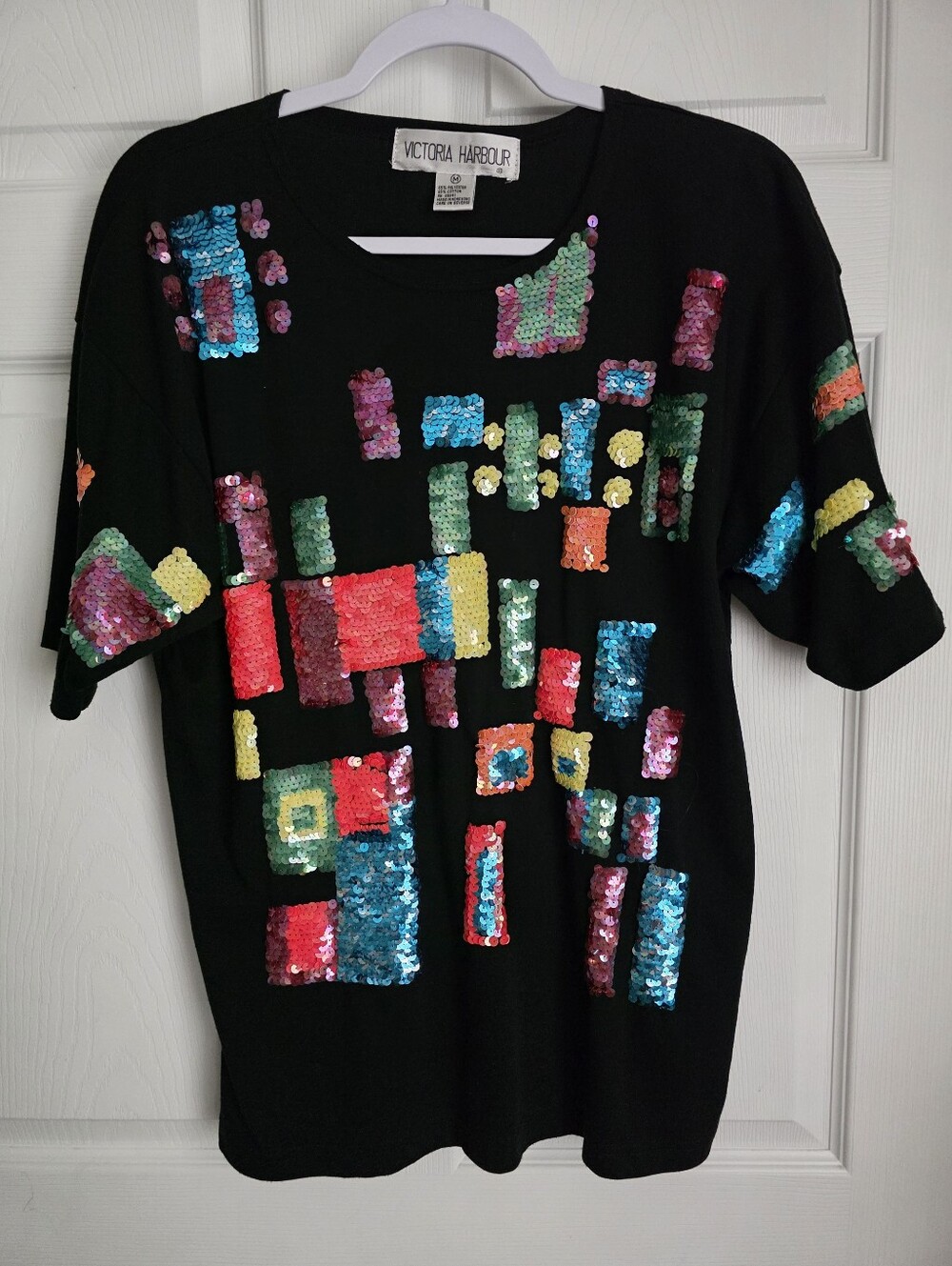 Vintage Victoria Harbour Sequin Geometric Embellished Top Black Size M